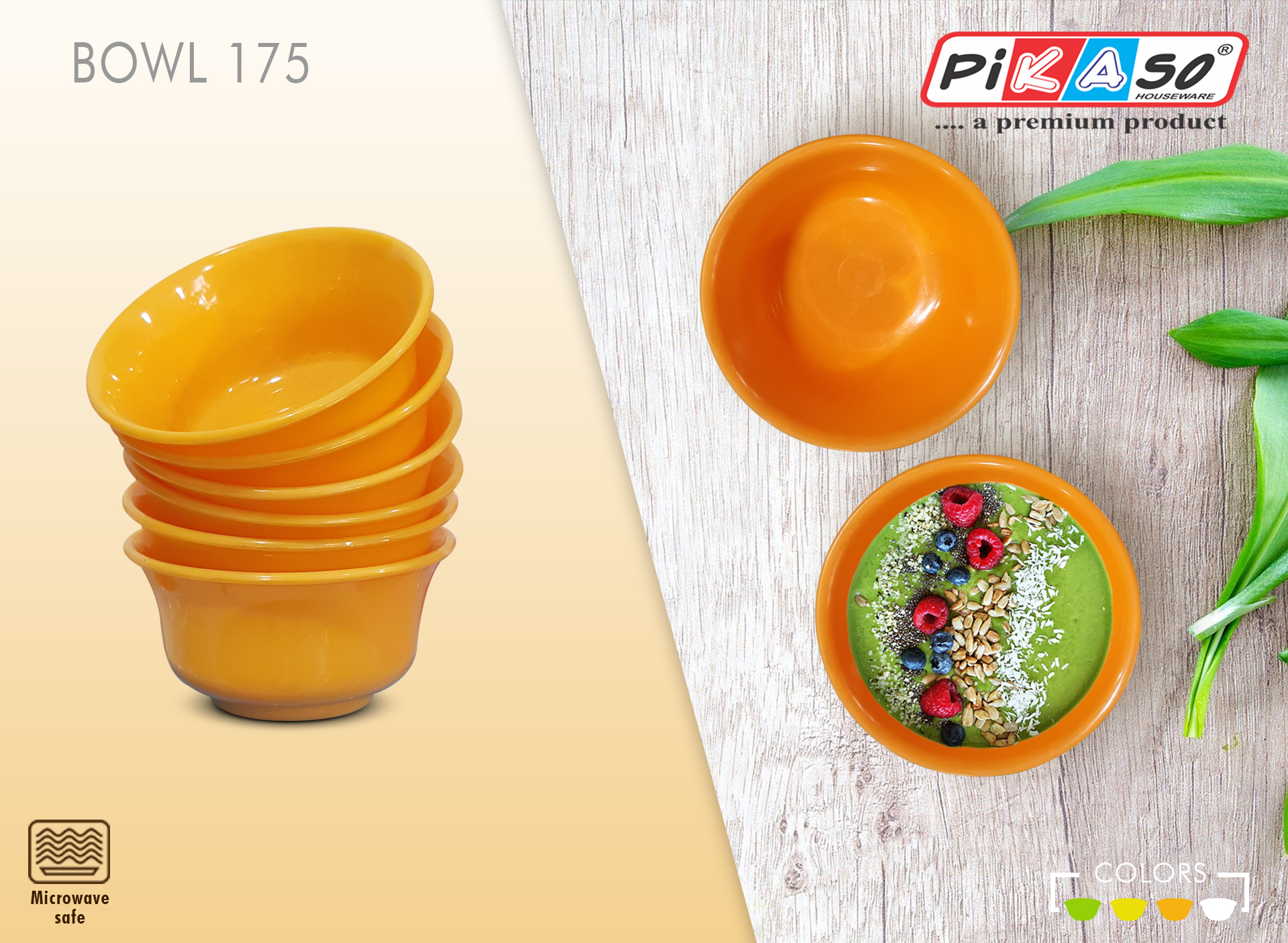 Bowl 2000 With Lid (Shrink Pack) - Polypropylene, 2000 Ml Size, Soft White-orange-yellow-green Color , Microwave Safe, Round Shape, 10x6.5x4 Dimensions