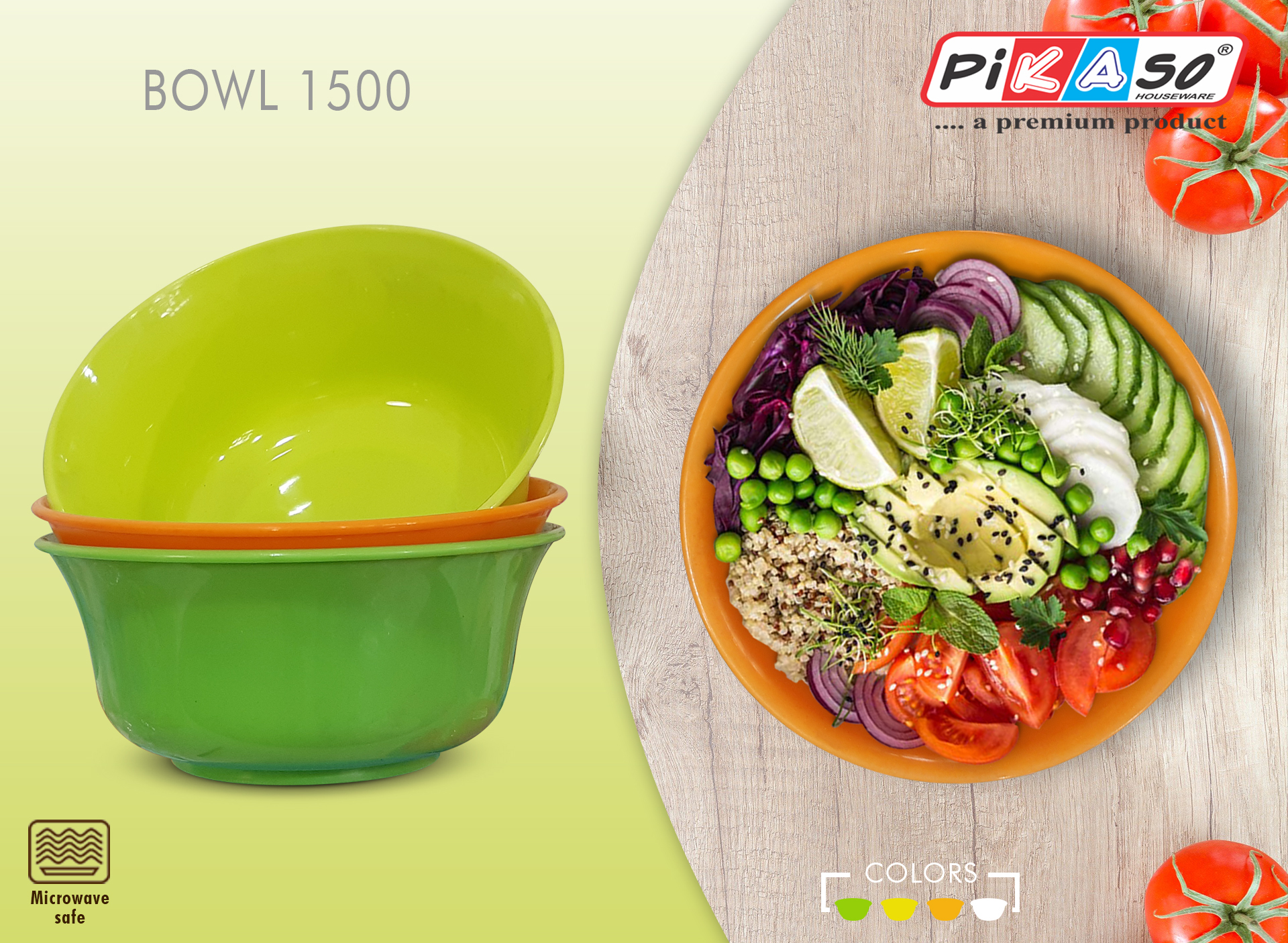 Bowl 2000 With Lid (Shrink Pack) - Polypropylene, 2000 Ml Size, Soft White-orange-yellow-green Color , Microwave Safe, Round Shape, 10x6.5x4 Dimensions