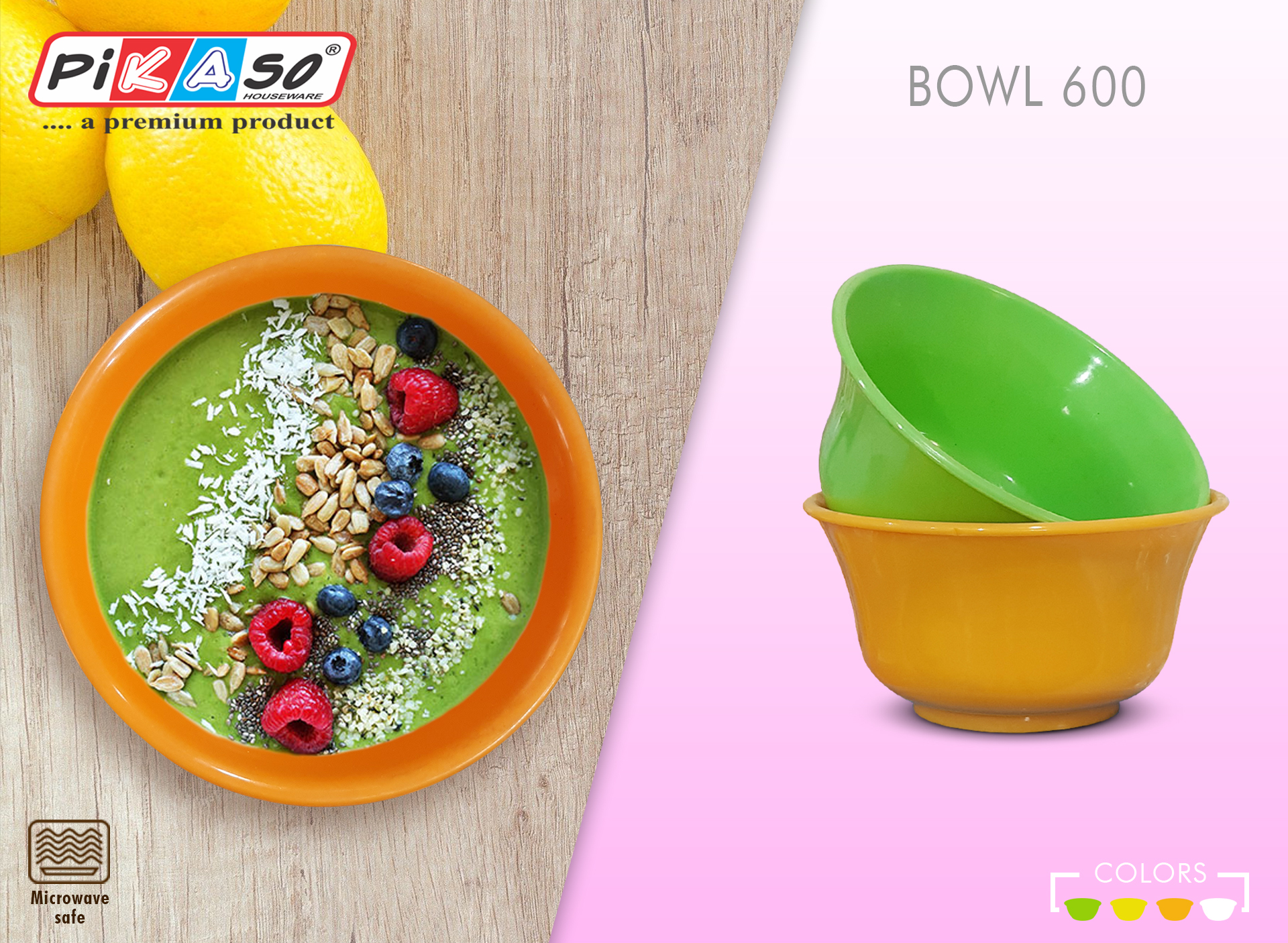 Bowl 2000 With Lid (Shrink Pack) - Polypropylene, 2000 Ml Size, Soft White-orange-yellow-green Color , Microwave Safe, Round Shape, 10x6.5x4 Dimensions