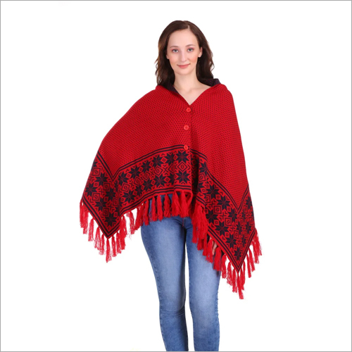 वॉशेबल डिज़ाइनर रेड वूलन पोंचो