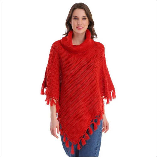 वॉशेबल रेड वूलन पोंचो