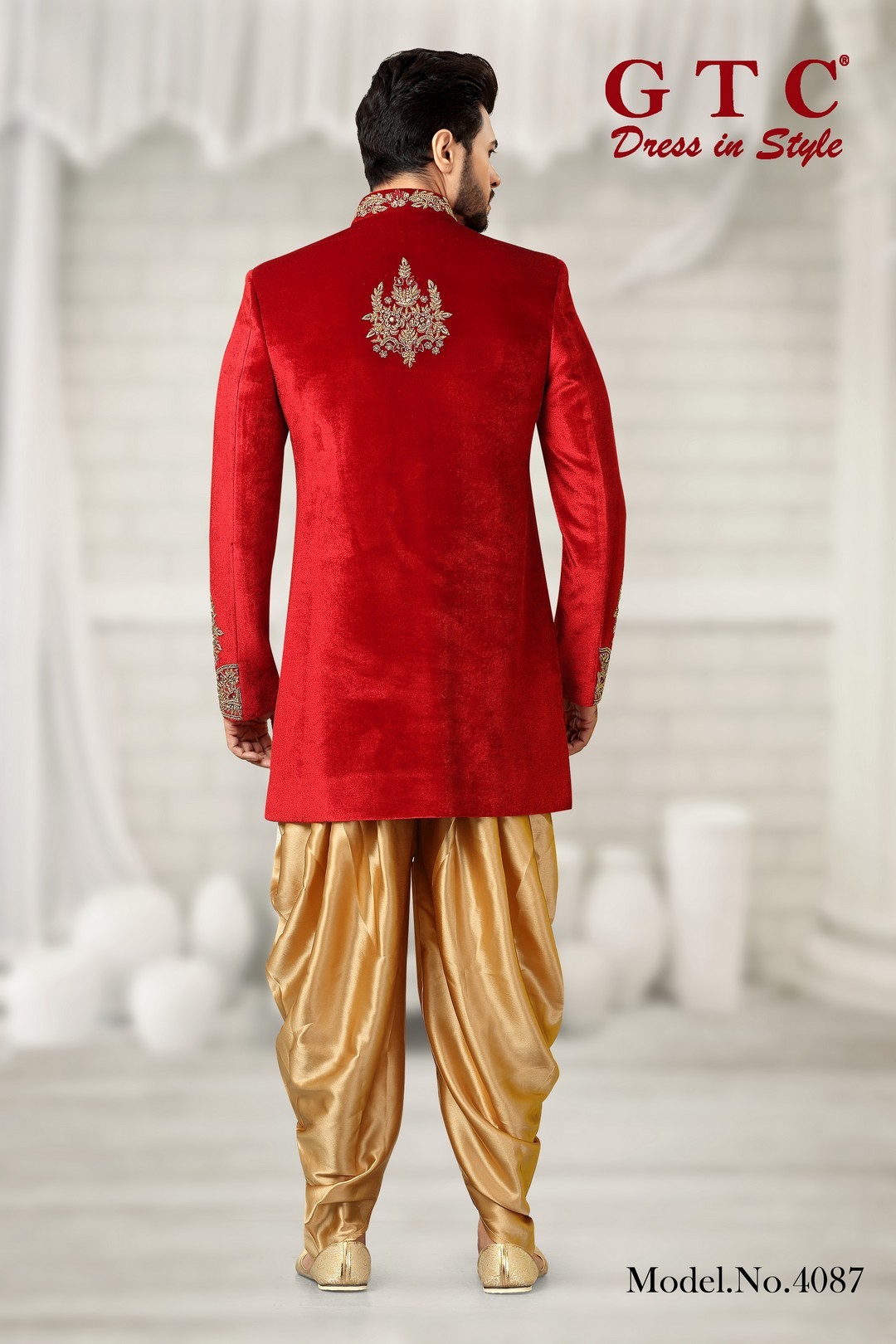 Gtc-exclusive Wedding Sherwani - Imported Velvet, Customized Sizes | Luxurious Red With Handwork, Long Sleeve Men's Ethnic Wear, Customizable Design