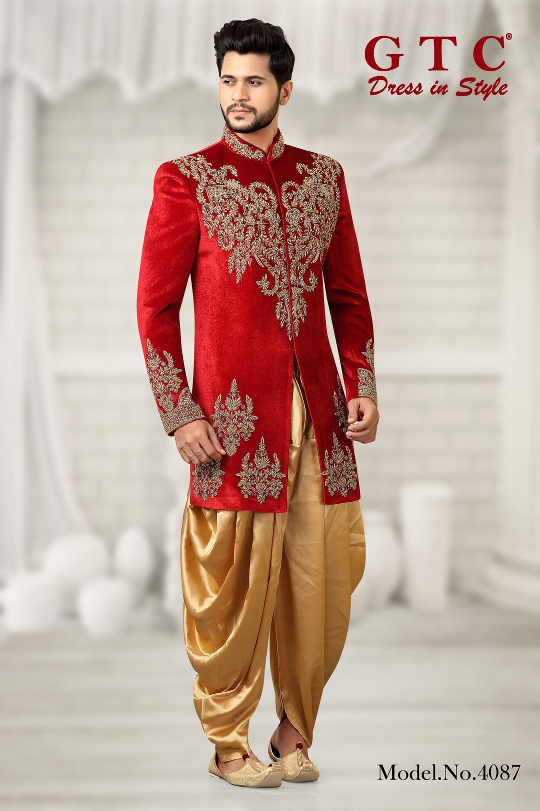 Gtc-exclusive Wedding Sherwani - Imported Velvet, Customized Sizes | Luxurious Red With Handwork, Long Sleeve Men's Ethnic Wear, Customizable Design