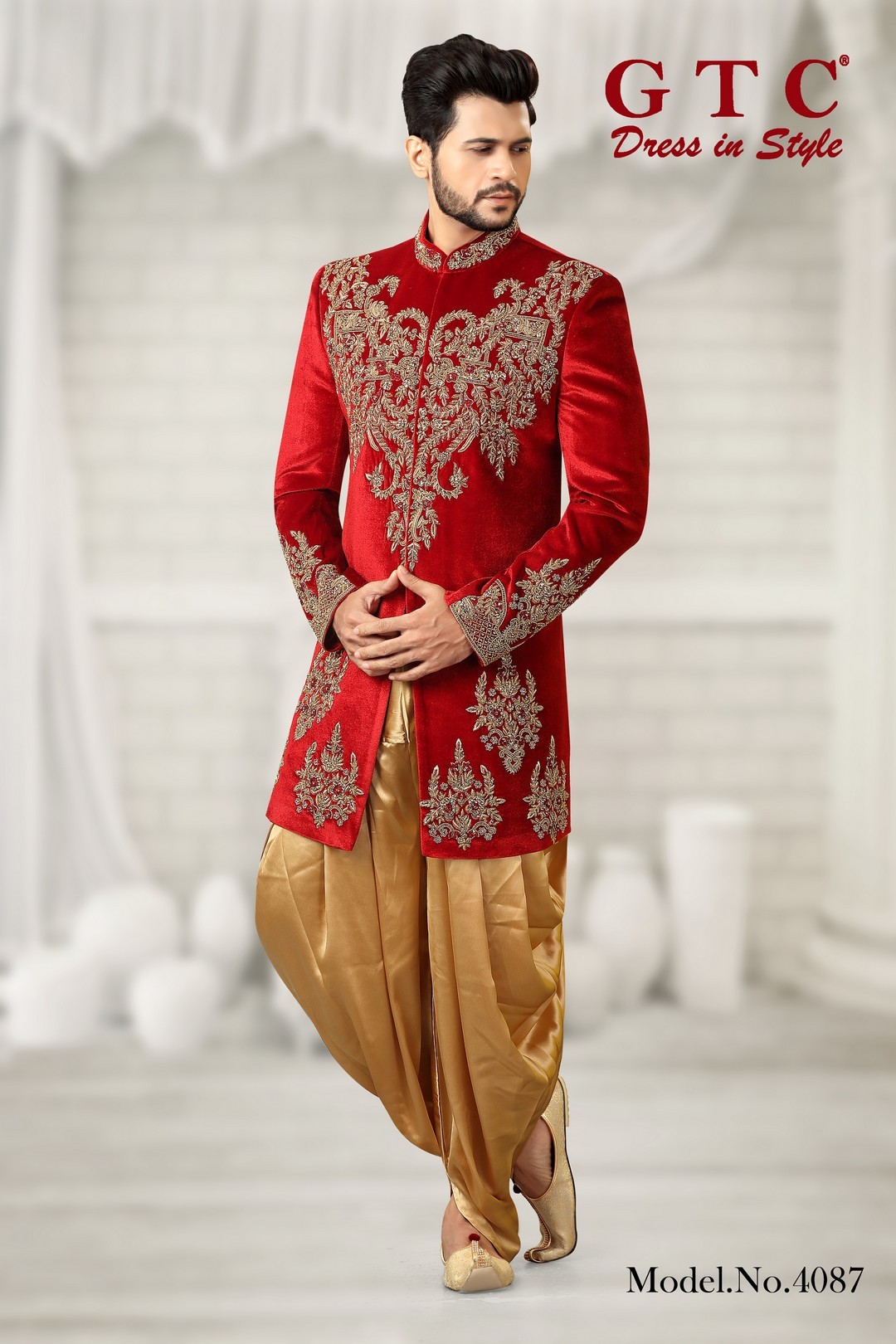 Gtc-exclusive Wedding Sherwani - Imported Velvet, Customized Sizes | Luxurious Red With Handwork, Long Sleeve Men's Ethnic Wear, Customizable Design