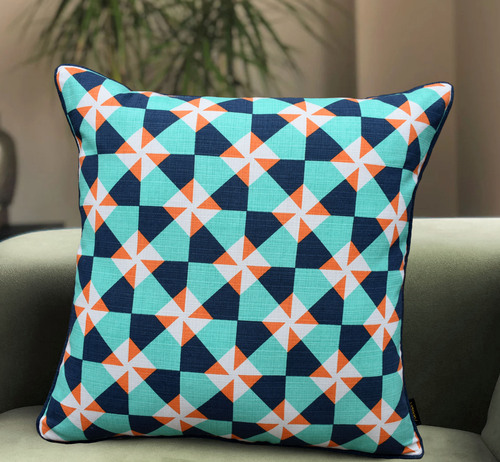 Aqua - Navy Blue - Orange - Cream Cotton Duck Printed Cushion Covers