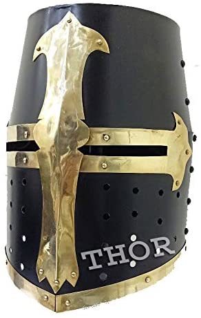 Medieval Crusader Halloween Templar Knight Helmet With Black Finish Brass Design