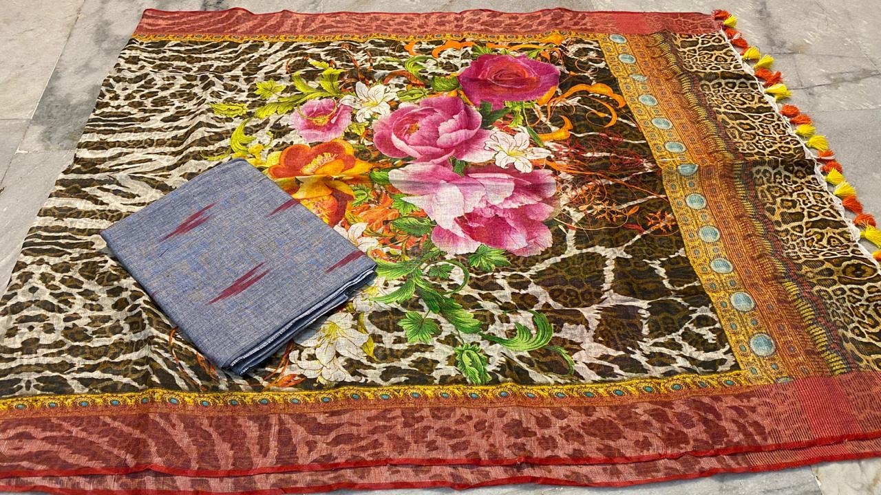 Pure Cotton Ikkat Top 2.5 Mtrs With Linen Digital Printed Long Dupatta - Cotton, 2.5 Mtrs, All Season Wear, Elegant Design For Versatile Style