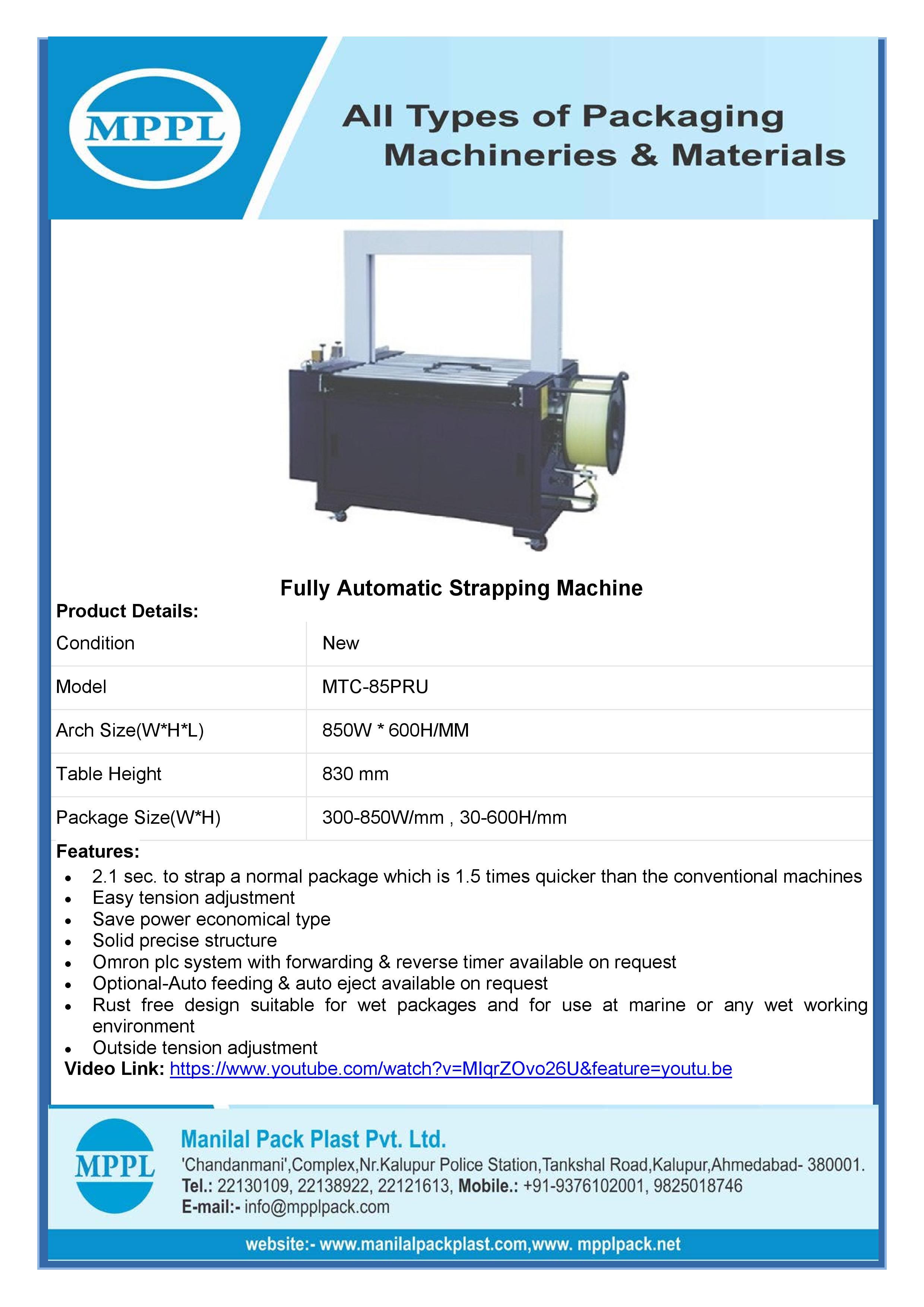 Fully Automatic Strapping Machine - Ms & Ss Material, Arch Size 850w X 600h/mm, Grey Color, 2.1 Sec Strapping Speed, Omron Plc Control, Optional Auto Feeding & Eject