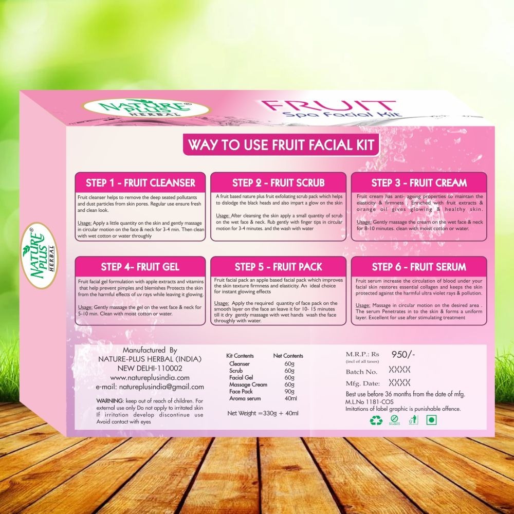 Nature Plus Herbal Fruit Spa Facial Kit - 370gm, With Free Skin Soothing Serum 40ml | 6-in-1 Solution For Hydration, Exfoliation, And Anti-aging Benefits