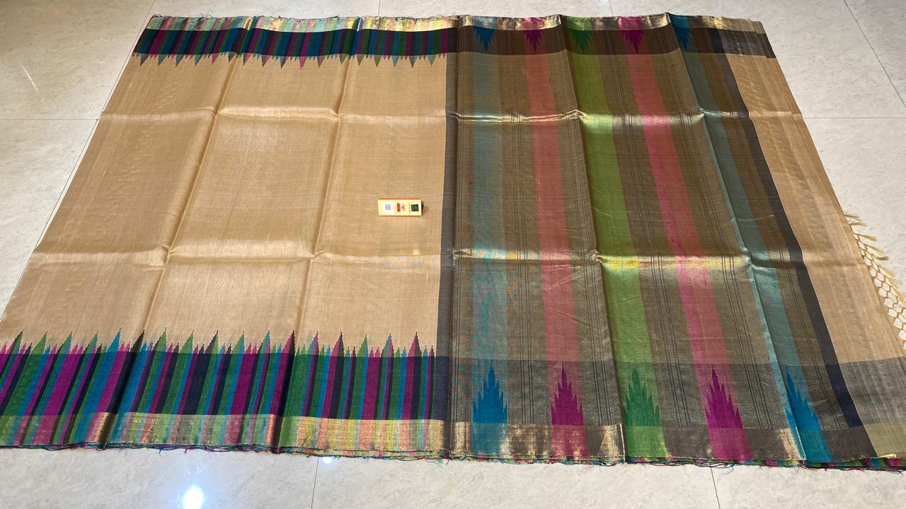 Pure Tussar Silk Handloom Sarees ,With Multicoloured Checks Jari Border , Jari Woven Pallu .