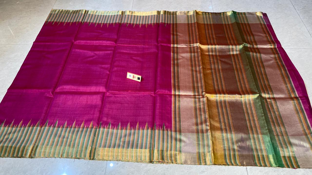 Pure Tussar Silk Handloom Sarees ,With Multicoloured Checks Jari Border , Jari Woven Pallu .