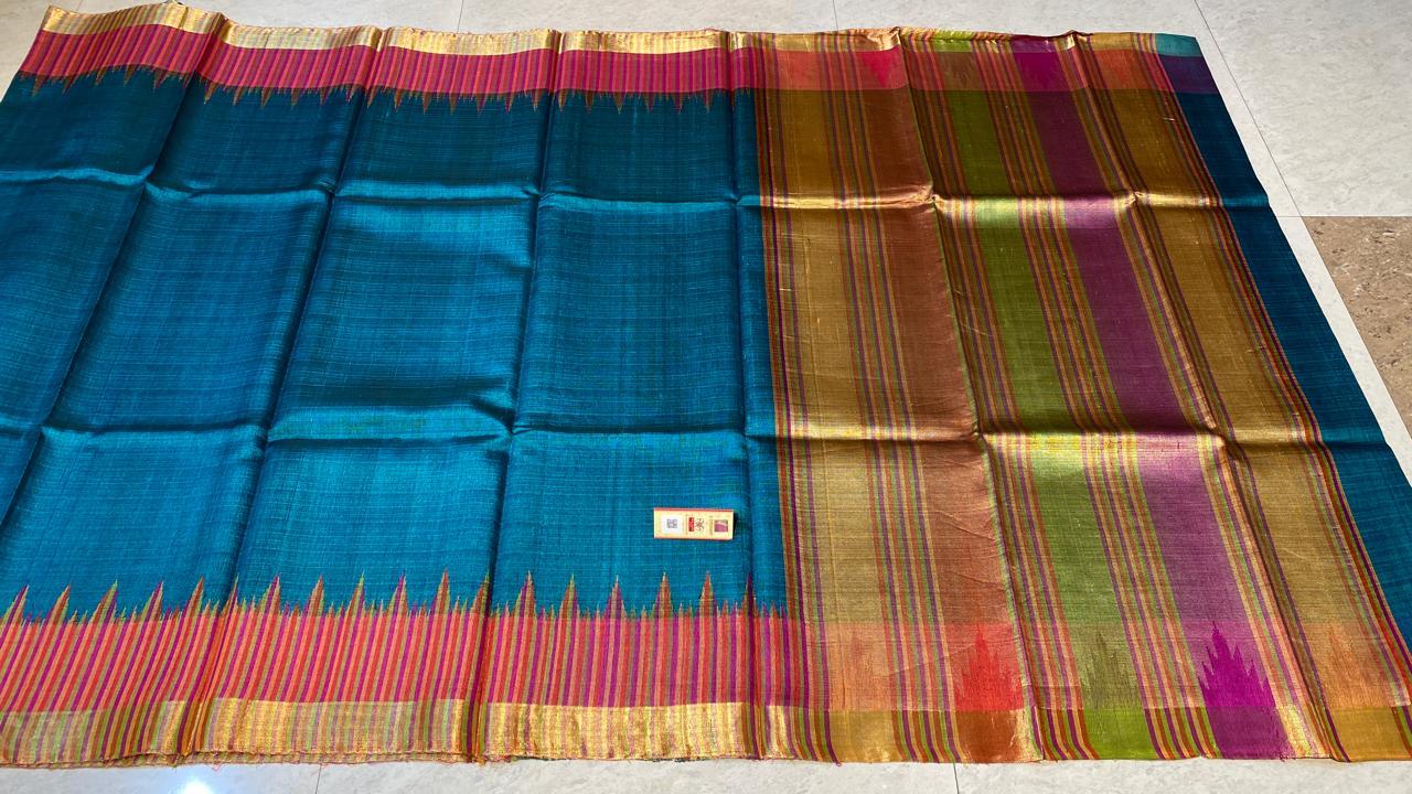 Pure Tussar Silk Handloom Sarees ,With Multicoloured Checks Jari Border , Jari Woven Pallu .
