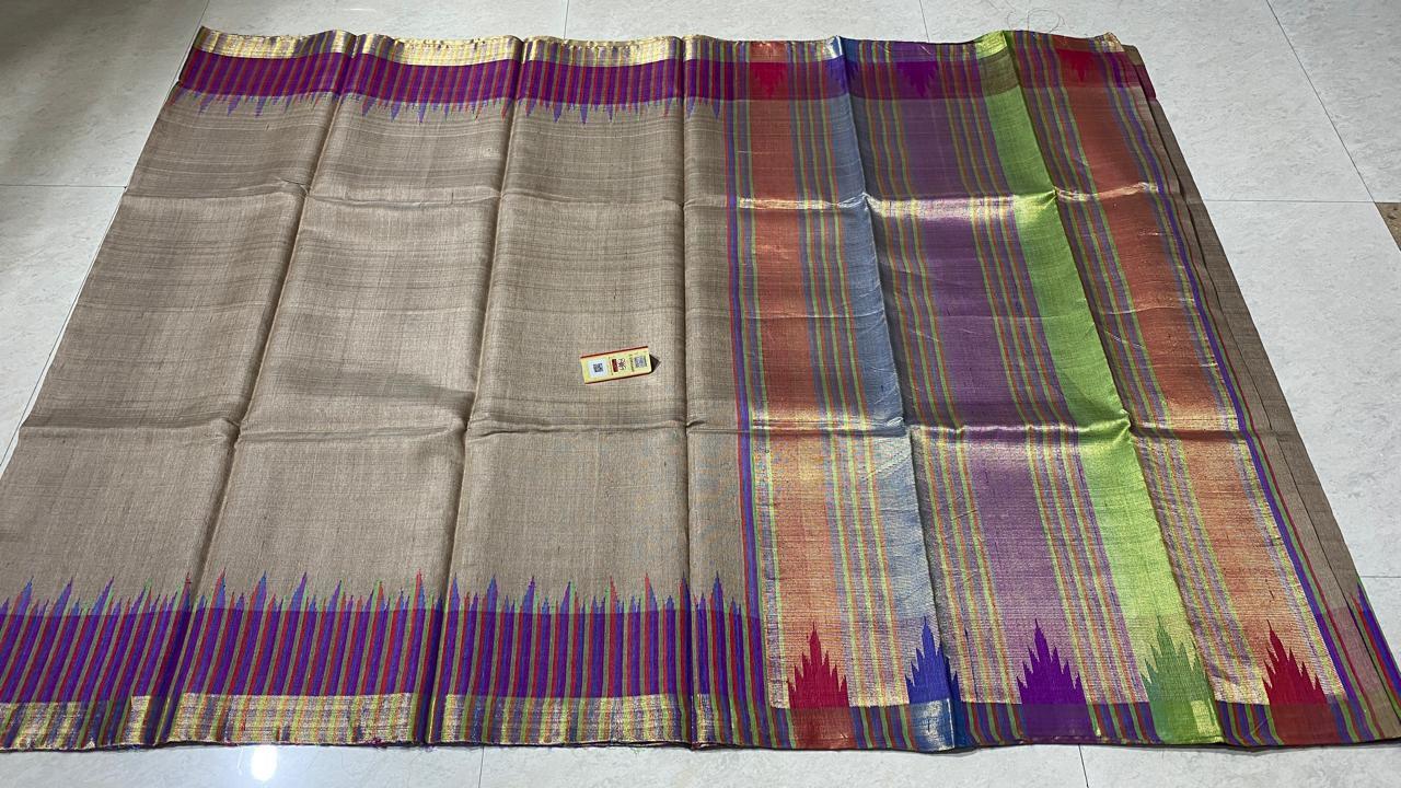 Pure Tussar Silk Handloom Sarees ,With Multicoloured Checks Jari Border , Jari Woven Pallu .