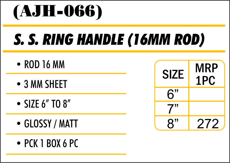 S.s. Ring Handle 16mm - Stainless Steel 8 Inches S.s. Glossy & Matt Finish | Long Lasting Durability & Elegant Design