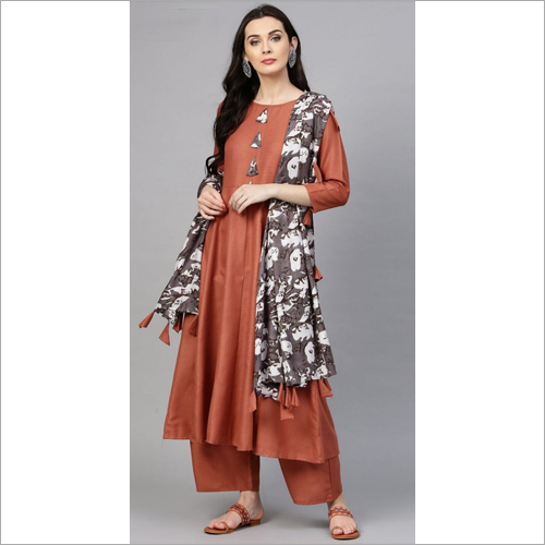 Washable Ladies Long Kurti With Palazzo And Scarf
