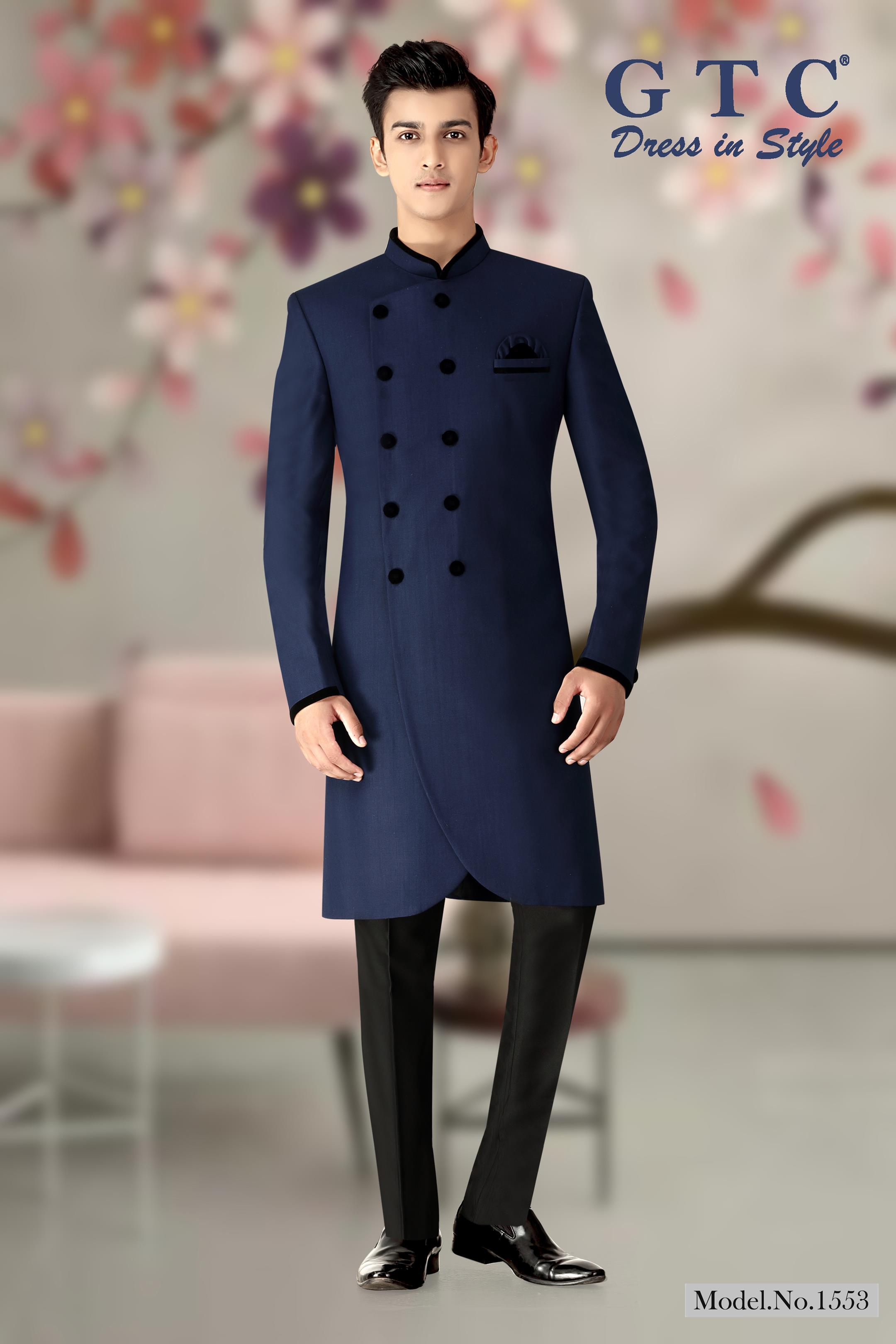 Elegant Gtc-pattern-indo Sherwani - Imported Terry Rayon, Customized Size, Navy Blue | Black Trouser, Long Sleeve, Ethnic Men's Dress, Dry Clean Feature