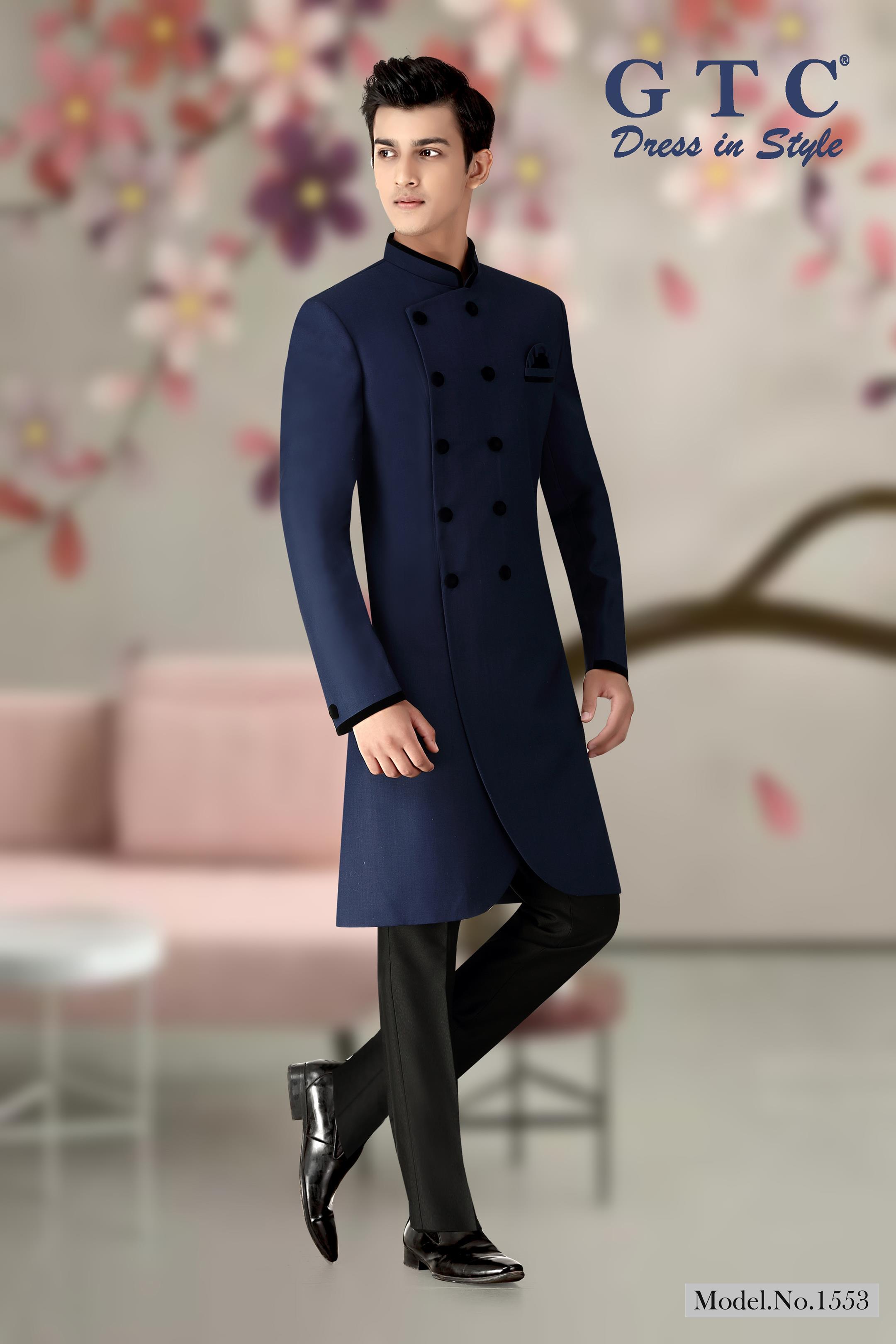 Elegant Gtc-pattern-indo Sherwani - Imported Terry Rayon, Customized Size, Navy Blue | Black Trouser, Long Sleeve, Ethnic Men's Dress, Dry Clean Feature