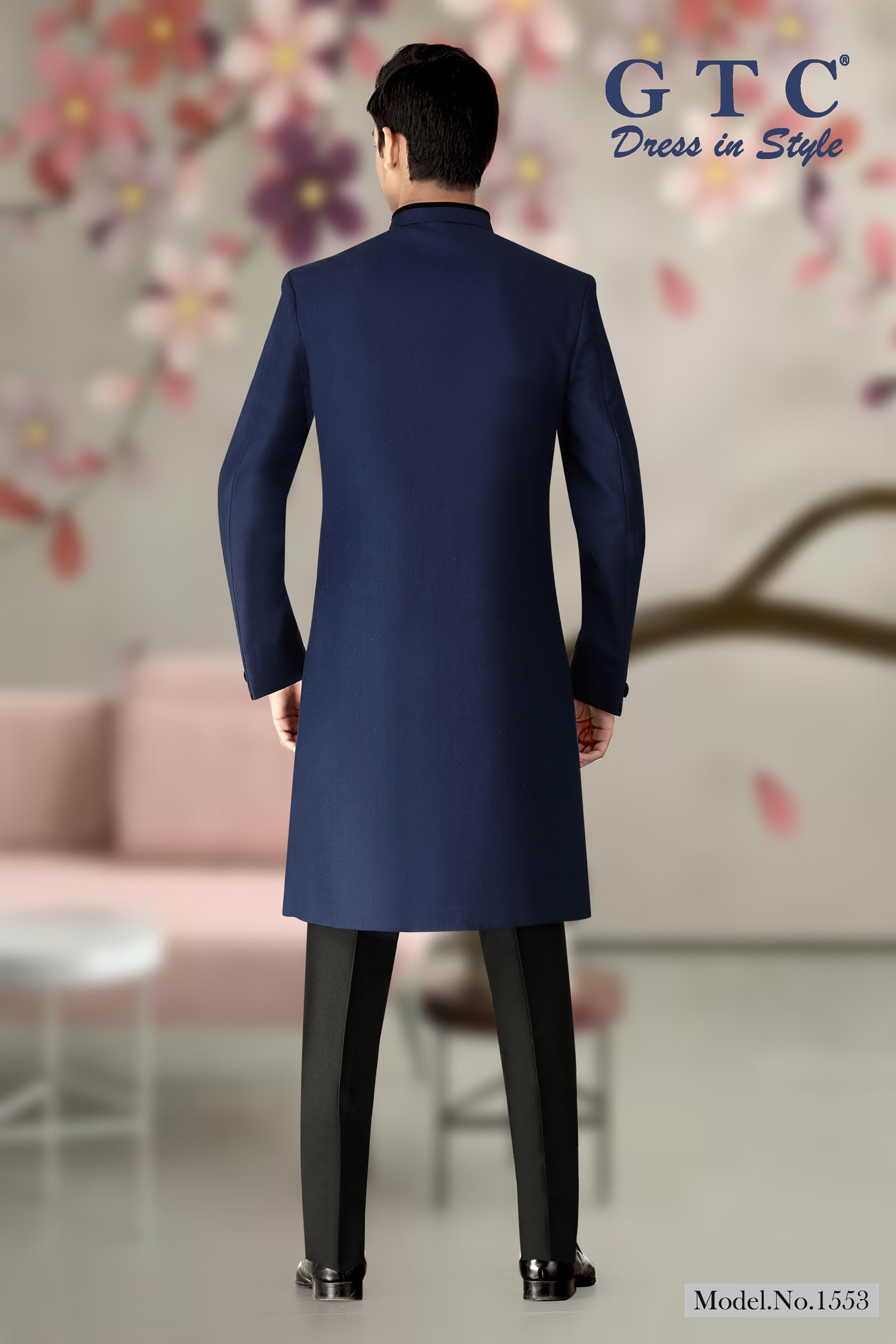 Elegant Gtc-pattern-indo Sherwani - Imported Terry Rayon, Customized Size, Navy Blue | Black Trouser, Long Sleeve, Ethnic Men's Dress, Dry Clean Feature