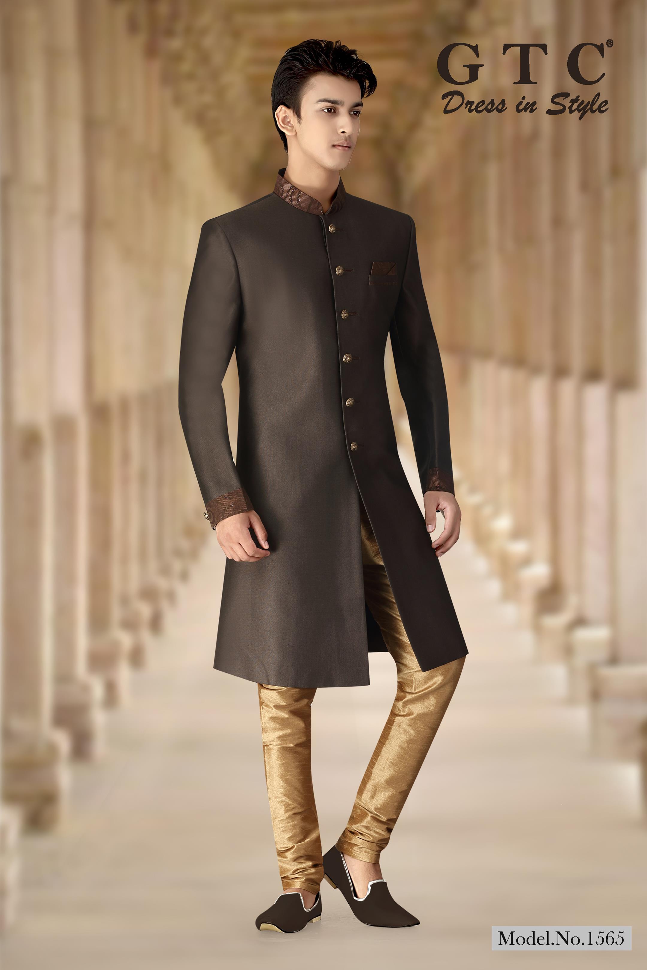 Indo Western Sherwani - Imported Terry Rayon, Customized Size, Brown With Fancy Buttons | Long Sleeve, Asymmetrical Tailoring, Dark Gold Chudidar, Ethnic Men's Wear