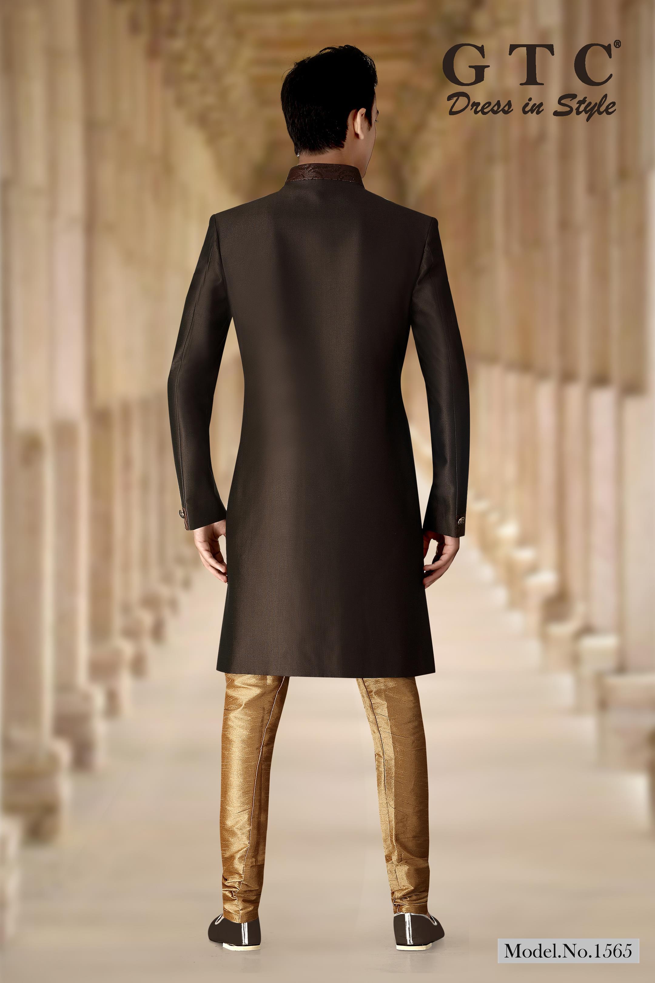 Indo Western Sherwani - Imported Terry Rayon, Customized Size, Brown With Fancy Buttons | Long Sleeve, Asymmetrical Tailoring, Dark Gold Chudidar, Ethnic Men's Wear