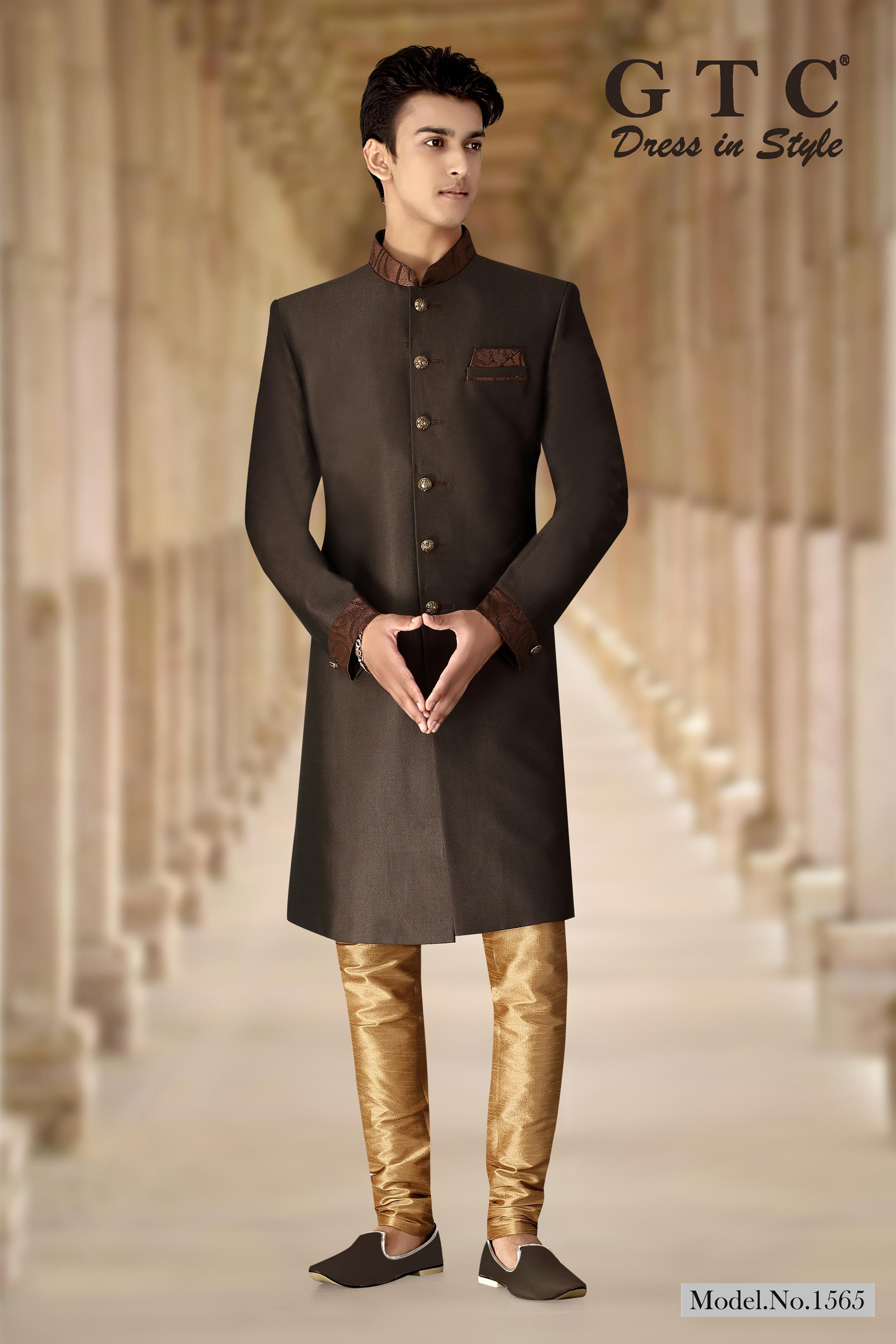 Indo Western Sherwani - Imported Terry Rayon, Customized Size, Brown With Fancy Buttons | Long Sleeve, Asymmetrical Tailoring, Dark Gold Chudidar, Ethnic Men's Wear