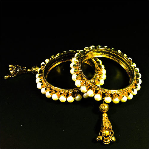 Pink And Off-white Golden-plated Stone Studded And Beaded Handcrafted Bangle - Copper Material, One Size Fits All | Elegant Jewelry Type: Bangles