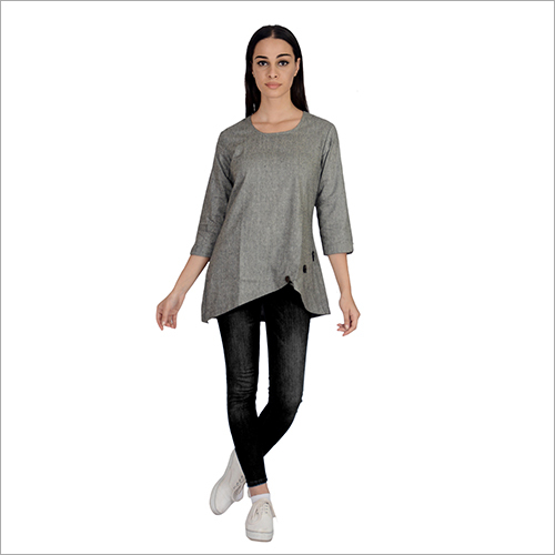 Ladies Fancy Top - Cotton Blend, S-xl | Gray, Three-quarter Sleeves, Round Neck, Ideal For Casual Wear, Outings, And Travel
