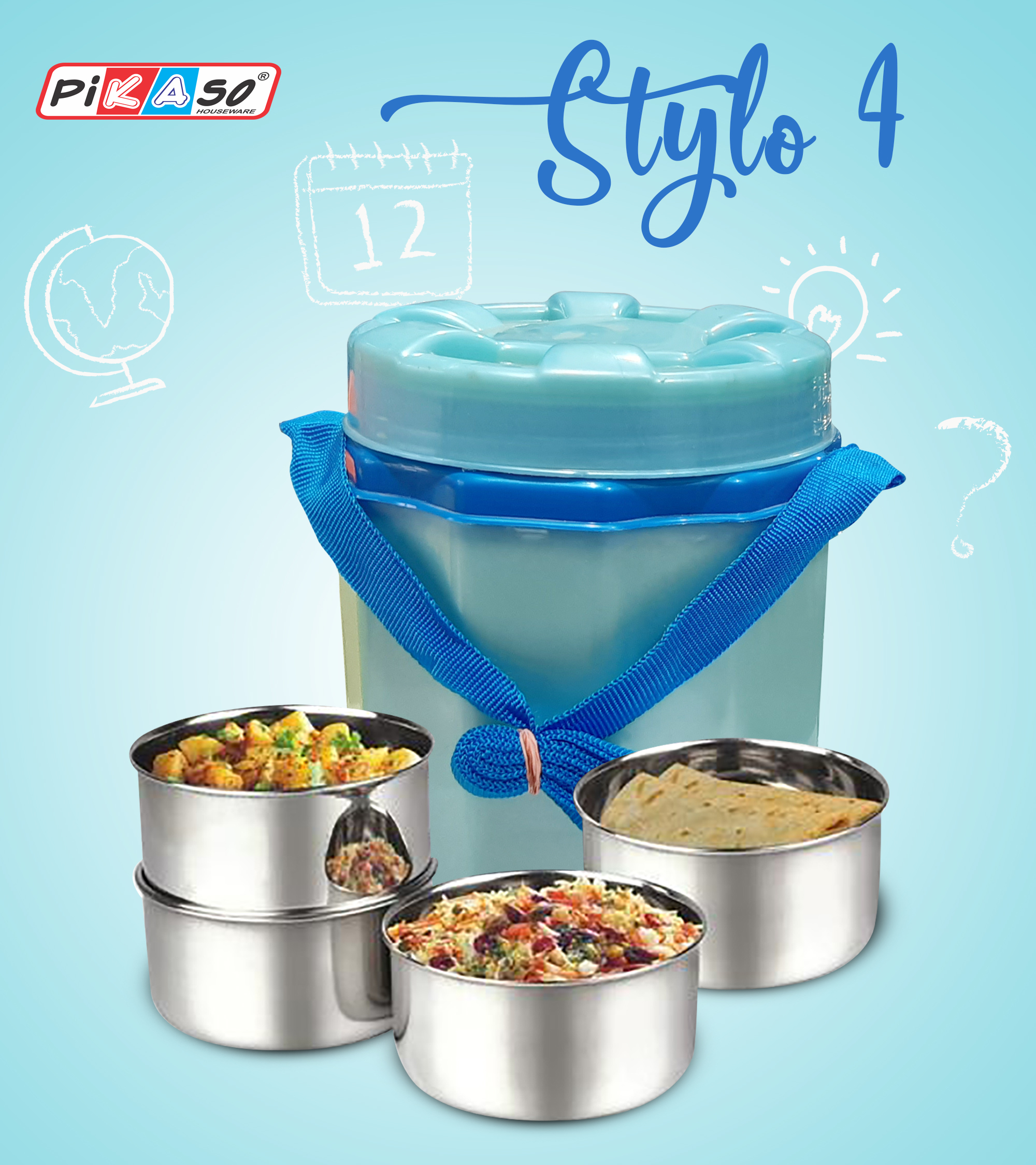 Stylo 2 Tiffin Box - Polypropylene, 132.08 X 132.08 X 132.08 Mm, Round Shape, 275 Ml Bowl Capacity, Steel Inner Material, Easy To Handle, Durable