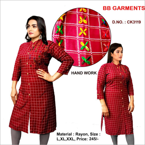 Designer Rayon Kurti - Rayon Material, Length: 44 Inch, Sizes: L, XL, XXL | Embroidered Pattern, Modern Style, Suitable for All Seasons, Ladies