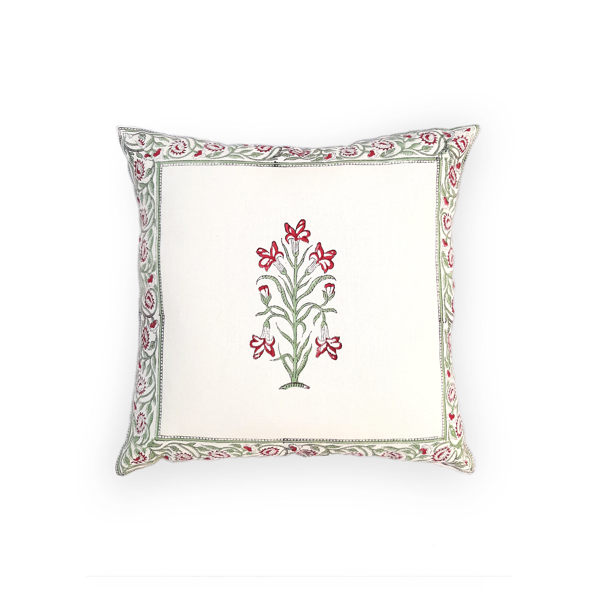 Hand Block Printed Cushion Cover - 100% Cotton, 16" X 16" Square, Green | Handmade Ethnic Style, Machine Washable, Zipper Closure
