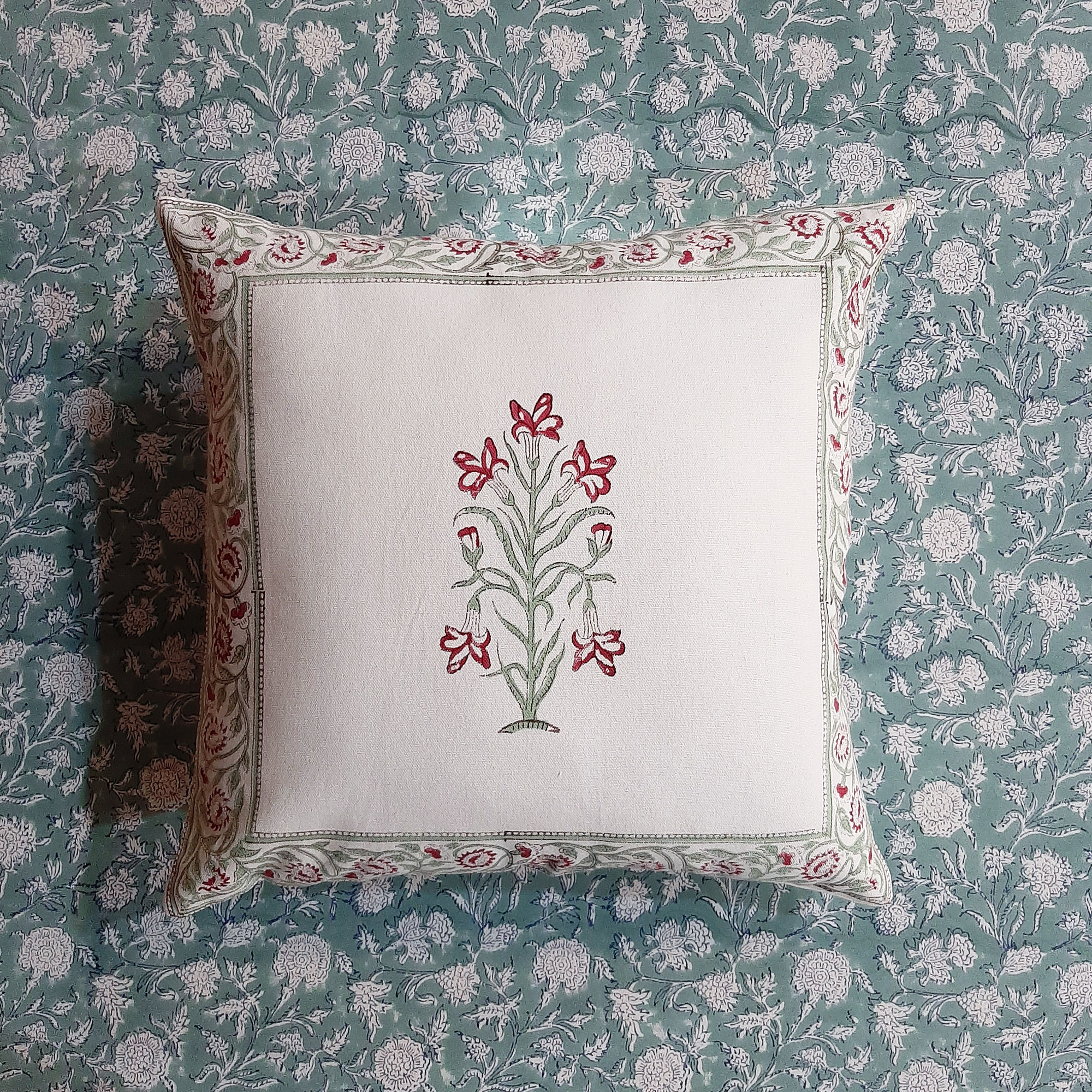 Hand Block Printed Cushion Cover - 100% Cotton, 16" X 16" Square, Green | Handmade Ethnic Style, Machine Washable, Zipper Closure