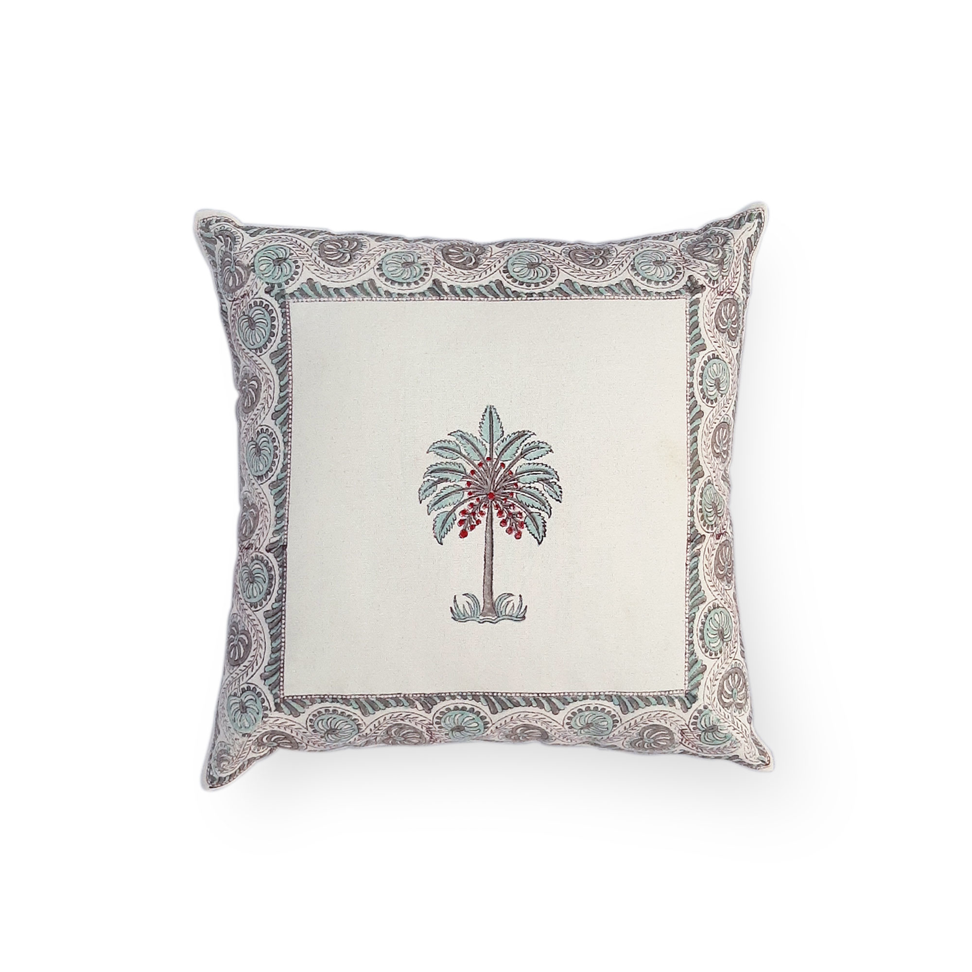 Hand Block Printed Cushion Cover - 100% Cotton, 16" X 16" Square, Green | Handmade Ethnic Style, Machine Washable, Zipper Closure