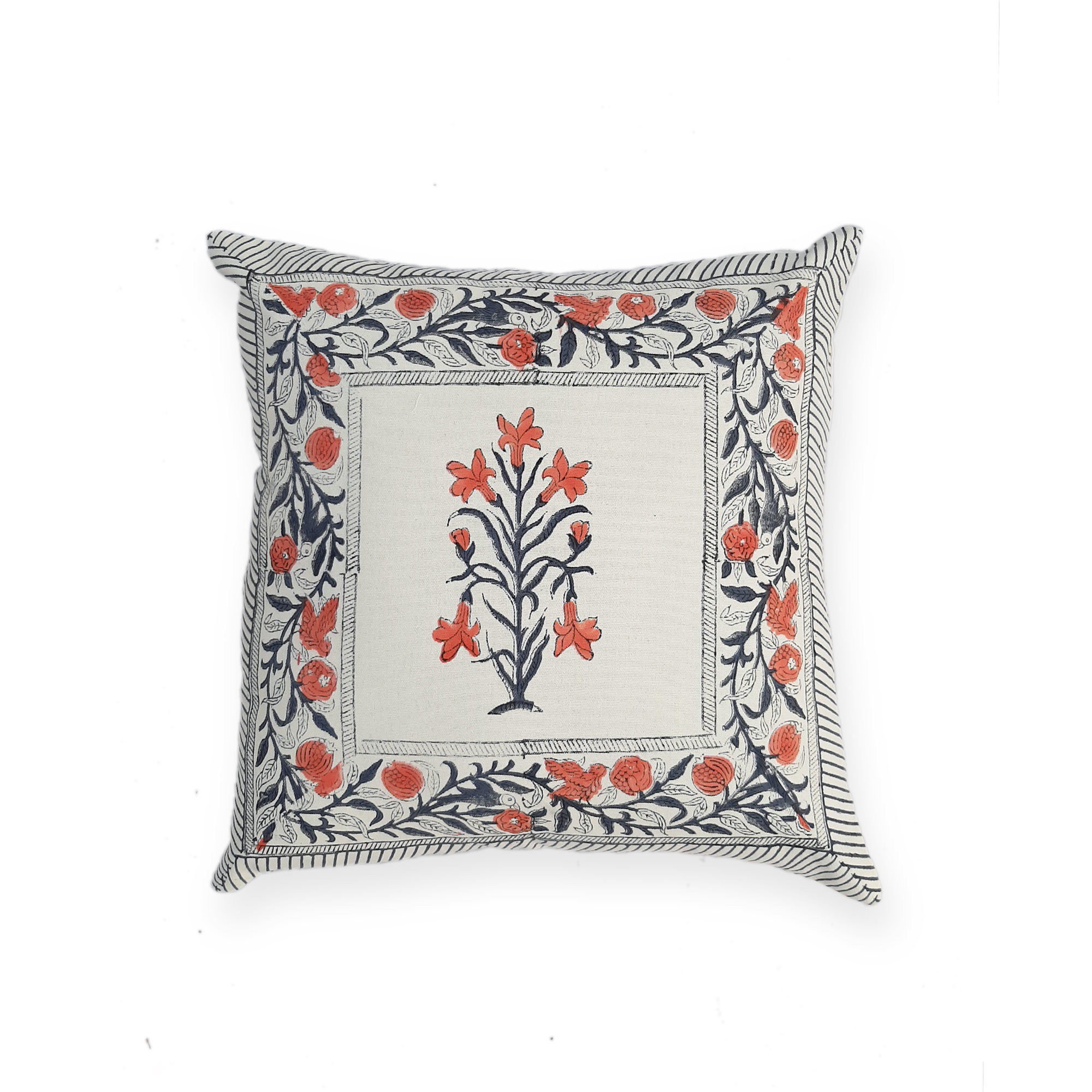 Hand Block Printed Cushion Cover - 100% Cotton, 16" X 16" Square, Green | Handmade Ethnic Style, Machine Washable, Zipper Closure