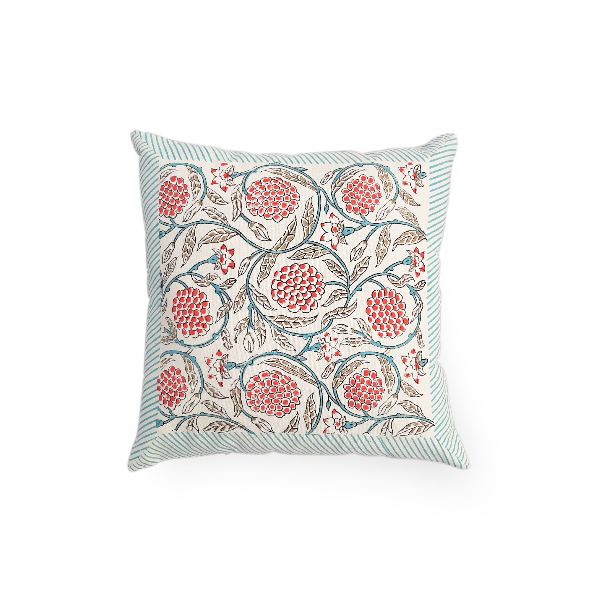 Hand Block Printed Cushion Cover - 100% Cotton, 16" X 16" Square, Green | Handmade Ethnic Style, Machine Washable, Zipper Closure