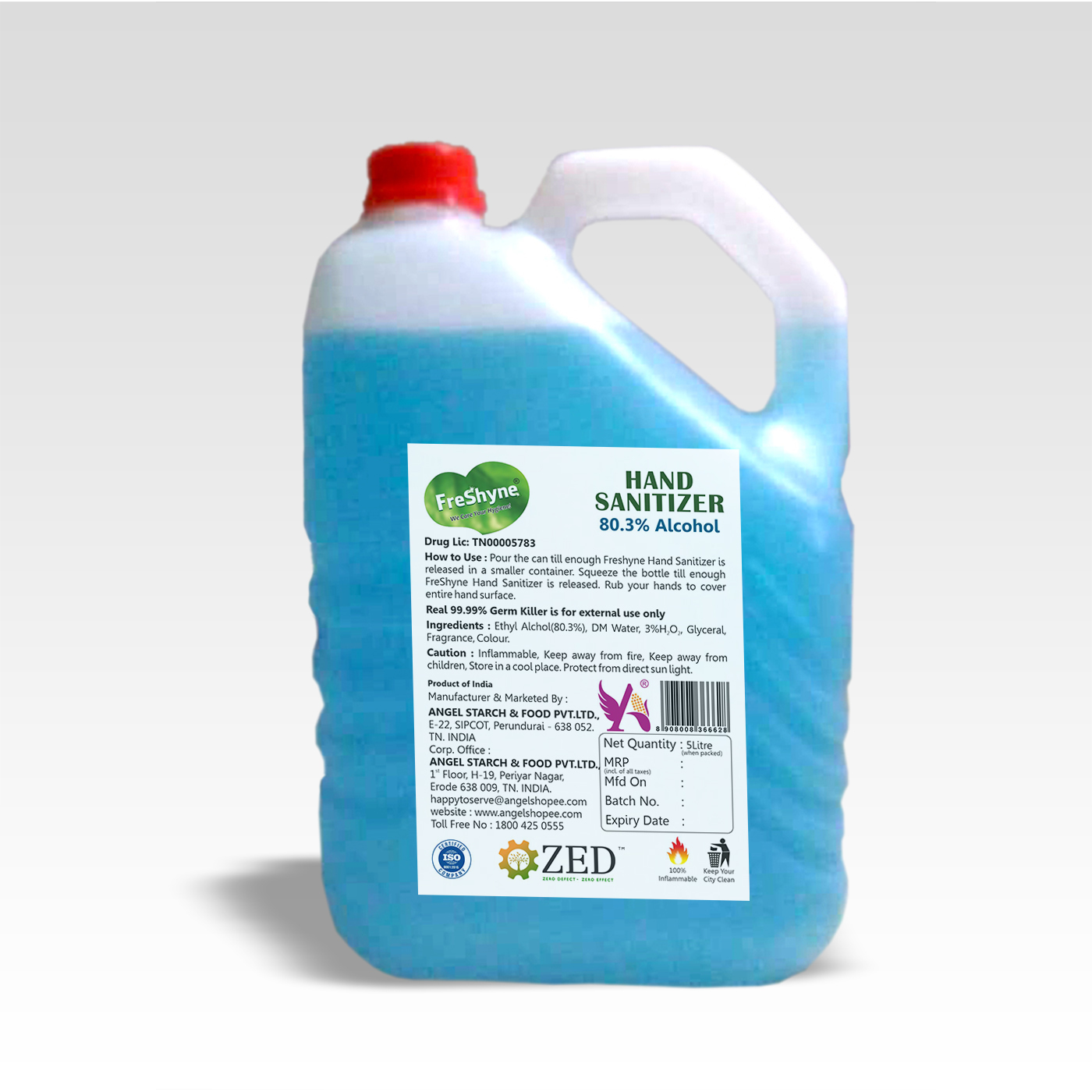 Freshyne Instant Hand Sanitizer Liquid With 80% Alcohol, Who Formula Ingredients: Ethanol