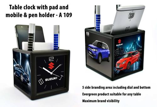 Table Clock With Pen Holder - Plastic Material, Square Shape, Black Color | Gifting Solution With Pen & Mobile Stand, Personalization On Three Sides