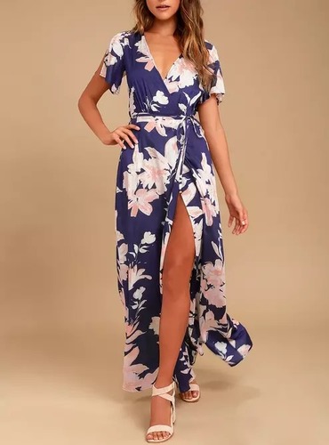 Blue Flower Printed A Line Dress For Girl