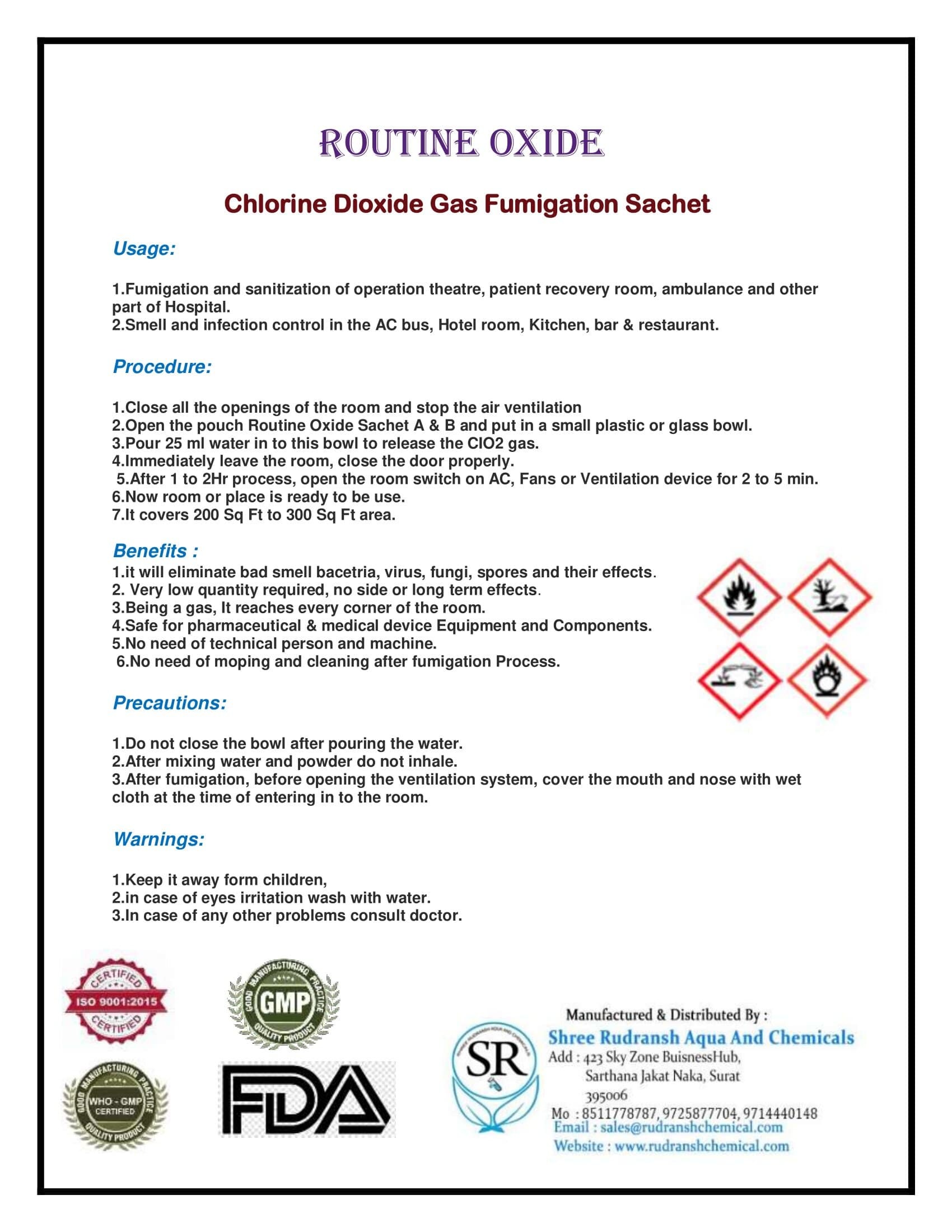 Routine Oxide Gas Fumigation Sachet Application: Medicine