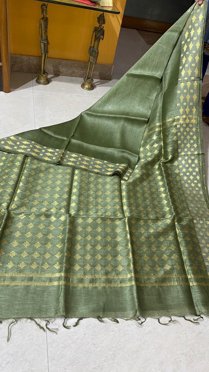 Pure Linen Silk Saree With Double Sided Jari Border Jari Woven Pallu - Pure Linen Silk, Elegant Party Wear, Suitable For All Seasons