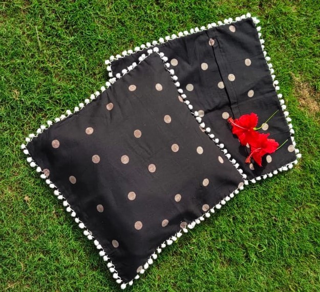 Kirti Finishing Black Polka Dots Cotton Cushion Cover With Pom Pom 16 Inches Set Of 5