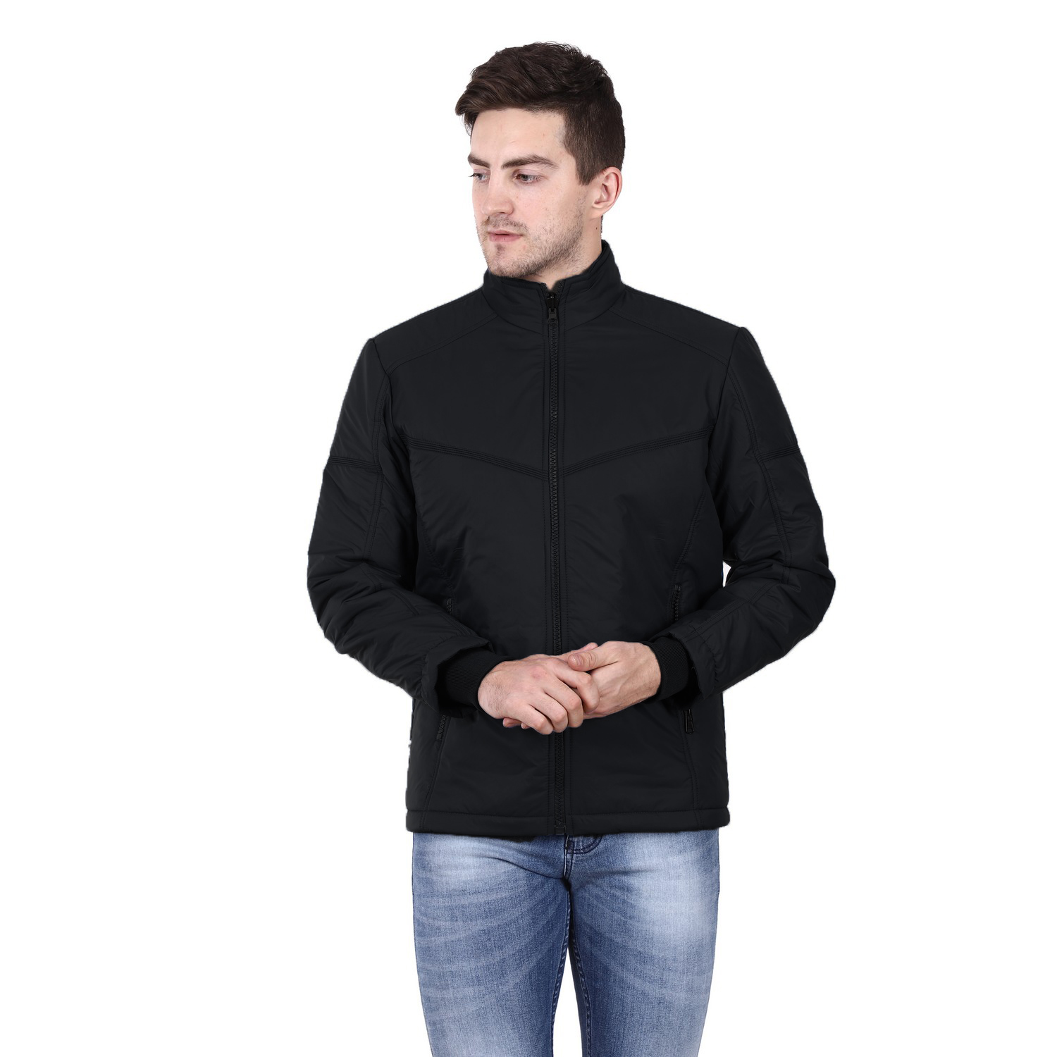 Men's Jacket - Polyester With Fleece Lining, M-xxl Sizes In Black, Navy, Maroon, Royal Blue - High Neck, Zipper Closure, Two Side Pockets, Regular Fit