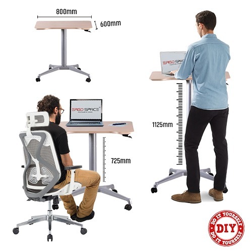 Height Adjustable Desk - Medium Density Fibre, 800mm X 600mm Maple Top, Pneumatic Mechanism | Durable, Easy To Install, Eco-friendly, 1 Year Warranty
