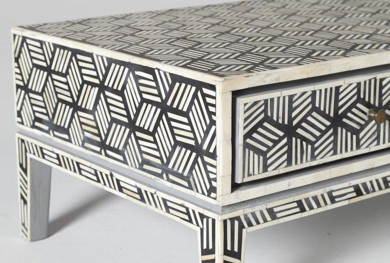 Bone Inlay Geometric Cubic Design Coffee Table In Black Color No Assembly Required