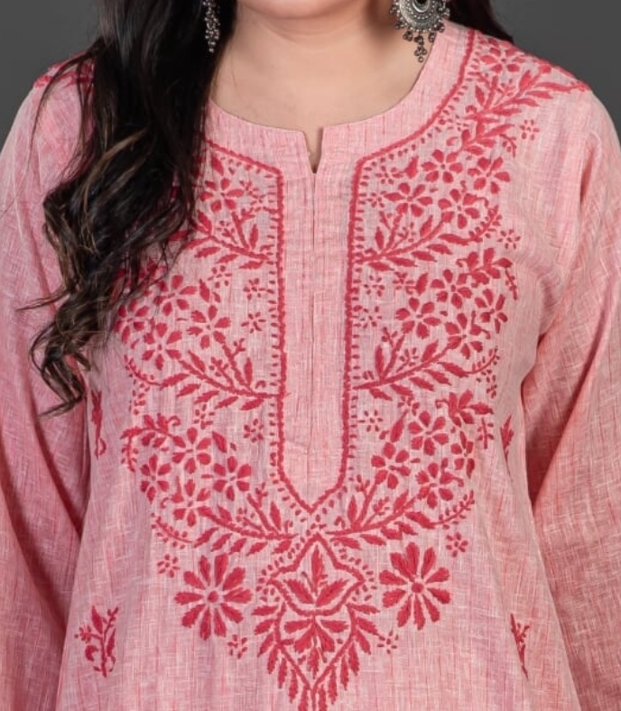 Cotton Chikan Kurti - 46 Inch Length, Bust Size 40 Inch, Pink Color | Embroidered Floral Motifs, Full Sleeves, Washable, Ideal For Summer