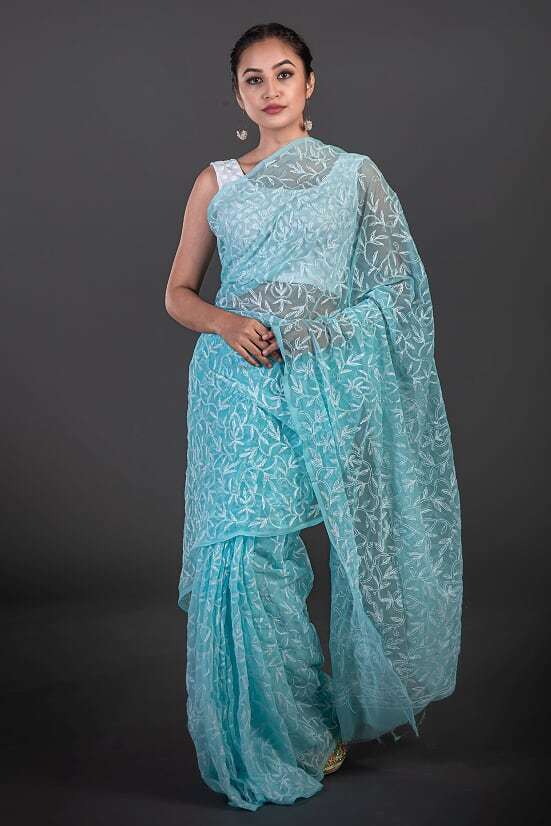 Sky Blue Georgette Chiakn Saree