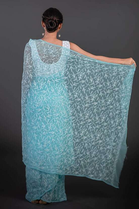 Sky Blue Georgette Chiakn Saree