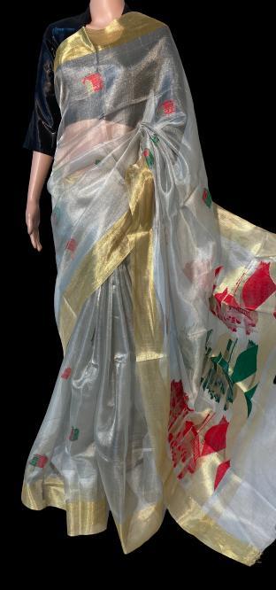 Pure Tissue Tussar Silk Handloom All Over House Figure Boota In Saree And Pallu - Tissue Silk, Party Wear, Pattern: Plain | Suitable For Rainy, Spring, Summer, Winter Seasons