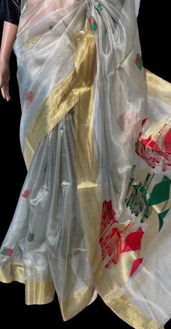 Pure Tissue Tussar Silk Handloom All Over House Figure Boota In Saree And Pallu - Tissue Silk, Party Wear, Pattern: Plain | Suitable For Rainy, Spring, Summer, Winter Seasons