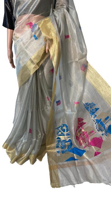 Pure Tissue Tussar Silk Handloom All Over House Figure Boota In Saree And Pallu - Tissue Silk, Party Wear, Pattern: Plain | Suitable For Rainy, Spring, Summer, Winter Seasons