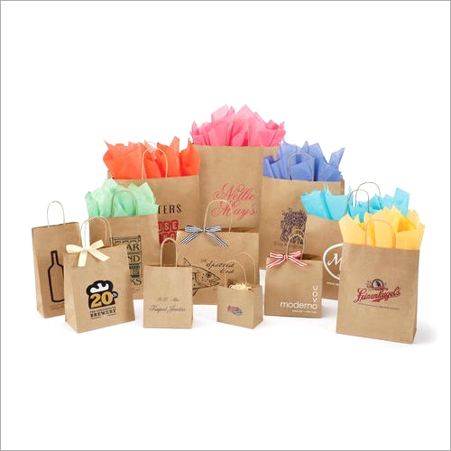 Printed Packaging Paper Bags - Kraft Paper, 100/200 Piece Box Size | Brown Color, Printed Patterns, Custom Handles, Barrier, Disposable, Recyclable